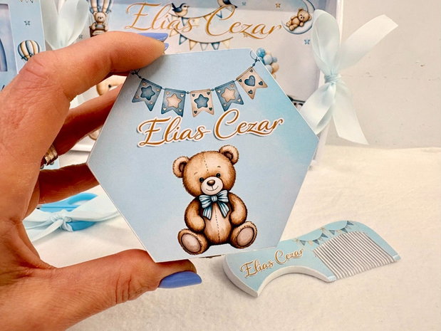 Set aniversar personalizat 1 anisor - Baby blue bear - Tavita mot si accesorii