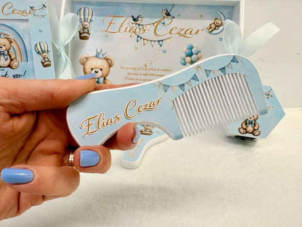 Set aniversar personalizat 1 anisor - Baby blue bear - Tavita mot si accesorii
