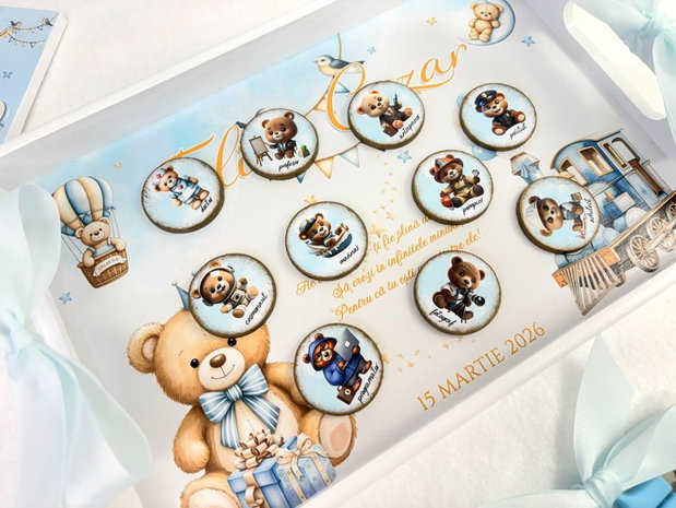 Set aniversar personalizat 1 anisor - Baby blue bear - Tavita mot si accesorii