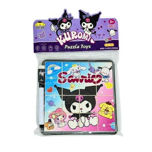 Puzzle Magnetic Kuromi, 16 Cuburi 3x3 cm, Joc Educativ cu Tablă și Marker, Puzzle pentru Copii