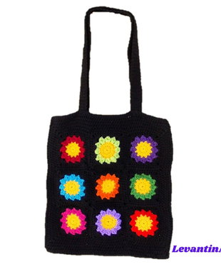 Happy Flowers - Geanta Tote neagra. Geanta handmade diverse culori din bumbac. Geanta XL. LA COMANDA