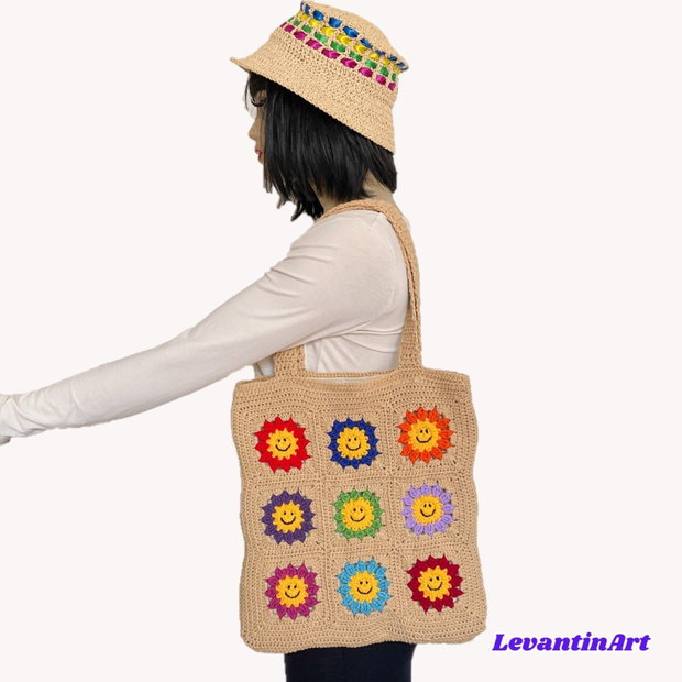 Happy Flowers - Geanta Tote neagra. Geanta handmade diverse culori din bumbac. Geanta XL. LA COMANDA