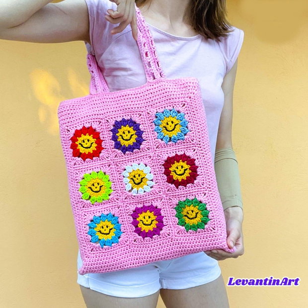 Happy Flowers - Geanta roz. Culoare la alegere. Geanta handmade din bumbac. Geanta XL. LA COMANDA