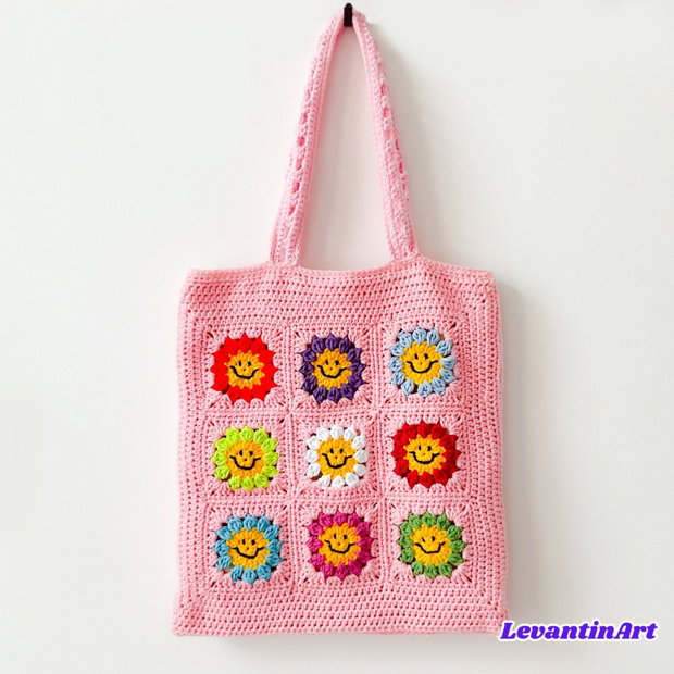 Happy Flowers - Geanta roz. Culoare la alegere. Geanta handmade din bumbac. Geanta XL. LA COMANDA