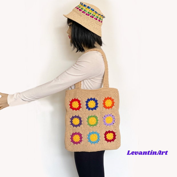 Happy Flowers - Geanta roz. Culoare la alegere. Geanta handmade din bumbac. Geanta XL. LA COMANDA
