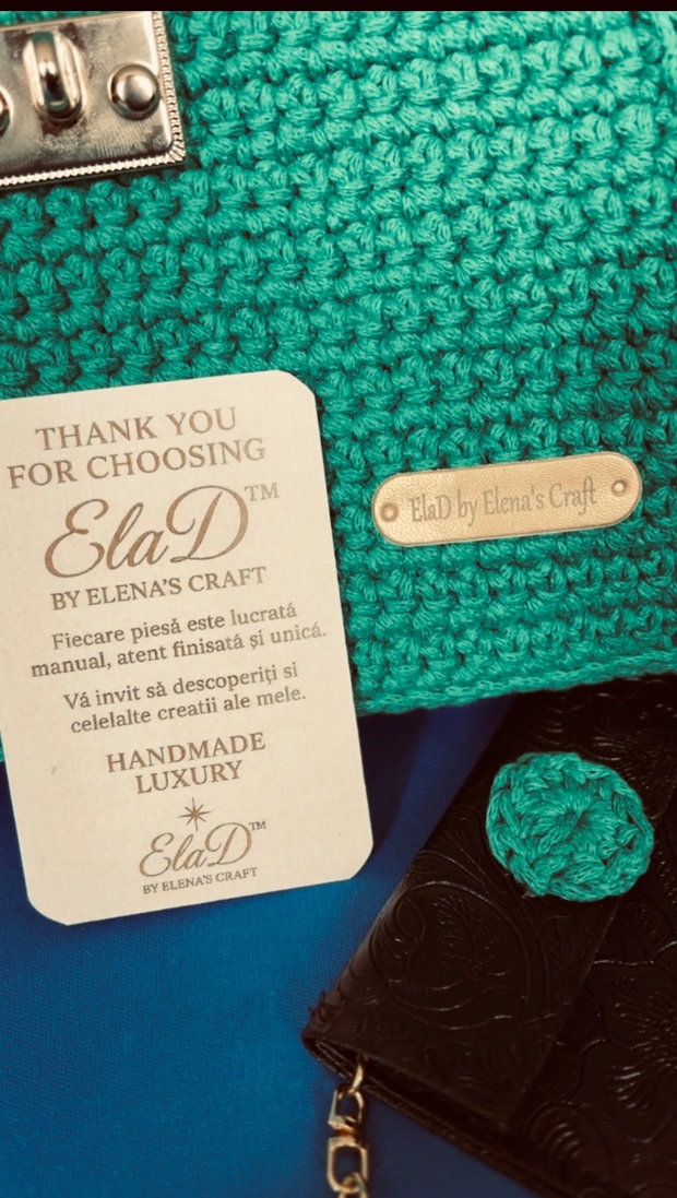 Geantă croșetată manual ElaD by Elenas Craft turcoaz, piele embosată, lanț metalic, set cu portofel