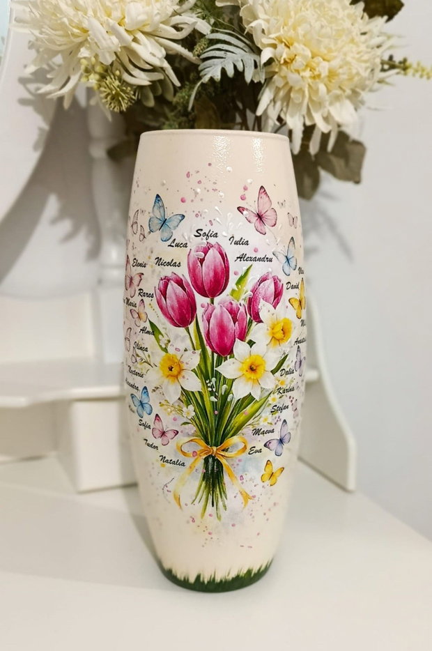 Vază personalizată cu lalele și narcise cadou pentru învățătoare