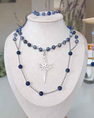 Set bijuterii handmade cu solidat si lapis lazuli, colier, cercei și brățară, oțel inoxidabil