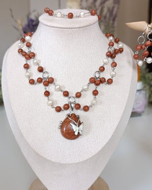 Set bijuterii handmade cu piatra soarelui, colier, cercei și brățară, oțel inoxidabil