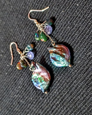 Cercei argint opal de foc etiopian negru,tanzanit,perle naturale de cultura baroc negre irizatii lant argint boho chic trendy - Transport gratuit