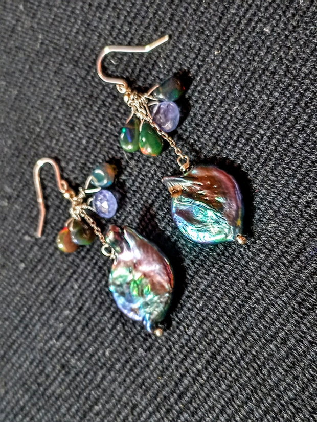 Cercei argint opal de foc etiopian negru,tanzanit,perle naturale de cultura baroc negre irizatii lant argint boho chic trendy - Transport gratuit