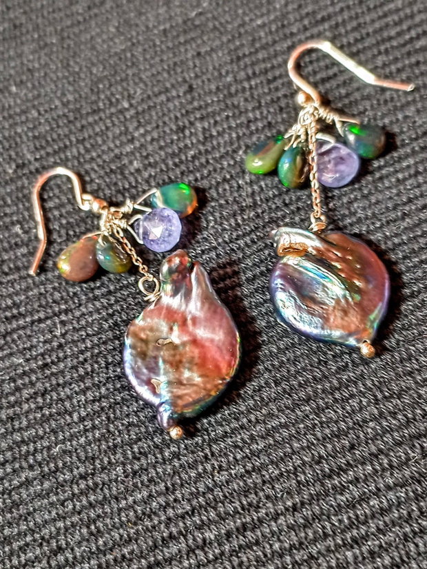 Cercei argint opal de foc etiopian negru,tanzanit,perle naturale de cultura baroc negre irizatii lant argint boho chic trendy - Transport gratuit