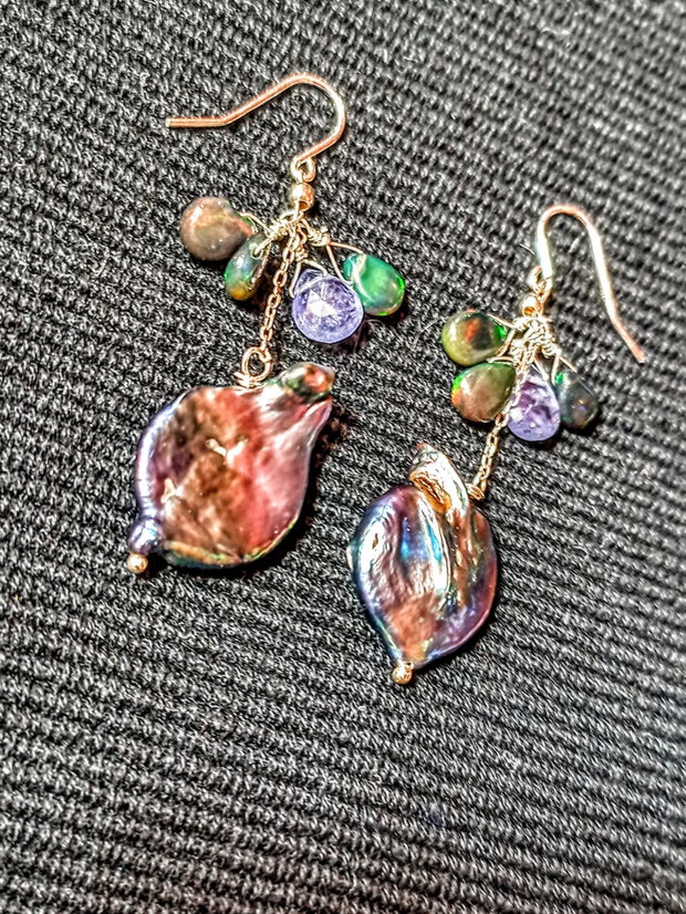 Cercei argint opal de foc etiopian negru,tanzanit,perle naturale de cultura baroc negre irizatii lant argint boho chic trendy - Transport gratuit