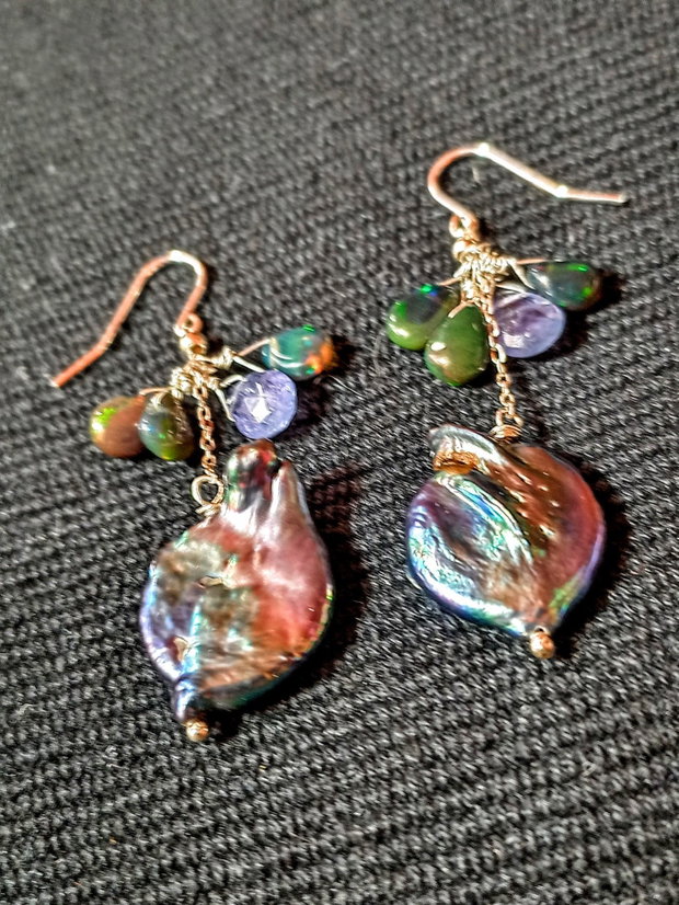 Cercei argint opal de foc etiopian negru,tanzanit,perle naturale de cultura baroc negre irizatii lant argint boho chic trendy - Transport gratuit