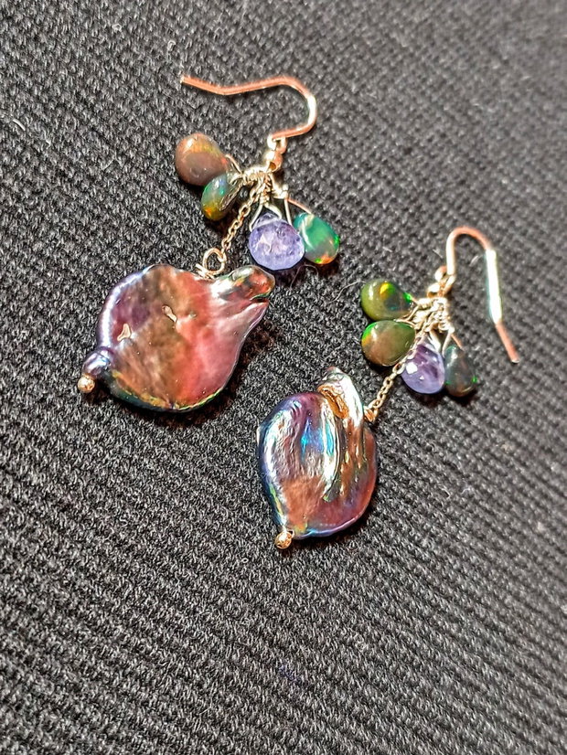Cercei argint opal de foc etiopian negru,tanzanit,perle naturale de cultura baroc negre irizatii lant argint boho chic trendy - Transport gratuit