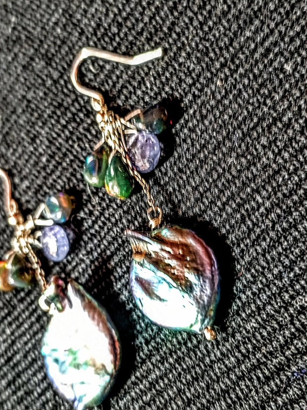 Cercei argint opal de foc etiopian negru,tanzanit,perle naturale de cultura baroc negre irizatii lant argint boho chic trendy - Transport gratuit