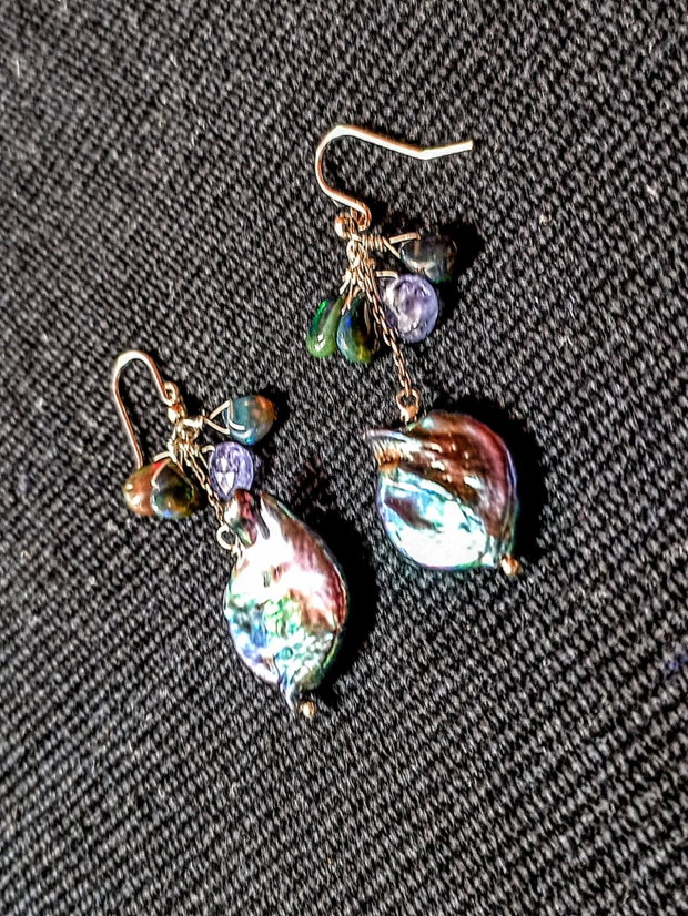 Cercei argint opal de foc etiopian negru,tanzanit,perle naturale de cultura baroc negre irizatii lant argint boho chic trendy - Transport gratuit