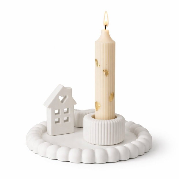 Set Cadou Decorativ Hygge Nordic Home cu Lumânare din Ceară Naturală de Soia, Tavă Ceramică Multifuncțională, Sfeșnic și Căsuță Decorativă