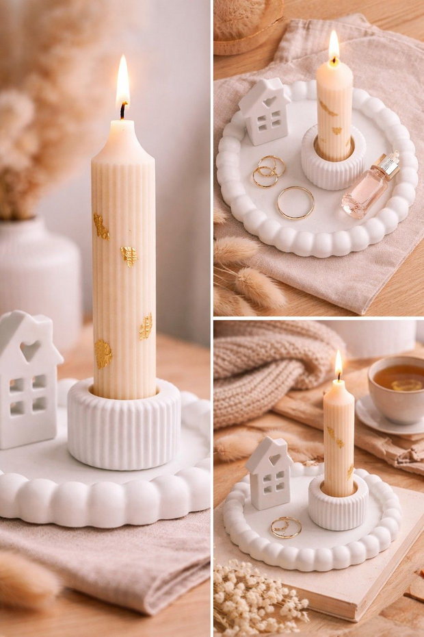 Set Cadou Decorativ Hygge Nordic Home cu Lumânare din Ceară Naturală de Soia, Tavă Ceramică Multifuncțională, Sfeșnic și Căsuță Decorativă