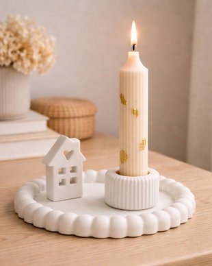 Set Cadou Decorativ Hygge Nordic Home cu Lumânare din Ceară Naturală de Soia, Tavă Ceramică Multifuncțională, Sfeșnic și Căsuță Decorativă