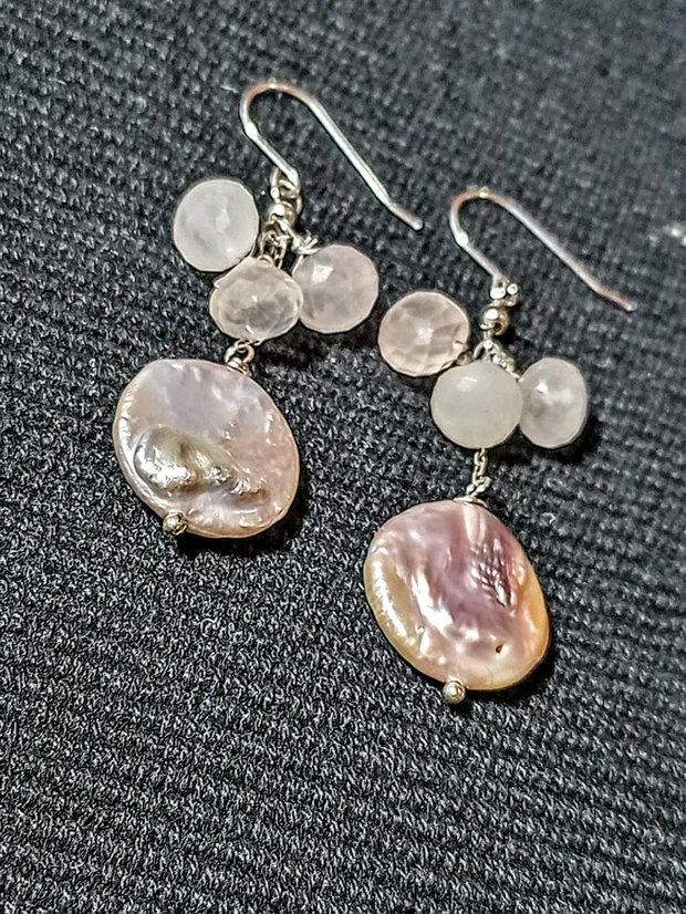 Cercei argint perle naturale de cultura baroc rose irizatii cuart roz onion lant argint boho chic trendy