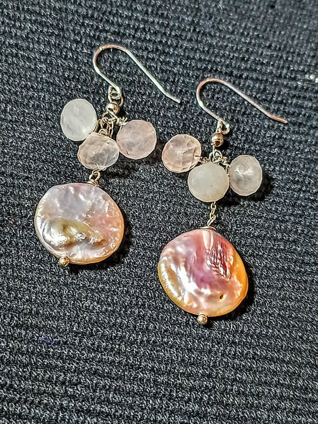 Cercei argint perle naturale de cultura baroc rose irizatii cuart roz onion lant argint boho chic trendy