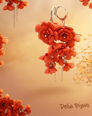 Cercei Handmade unicat cu flori rosii (cod1386)
