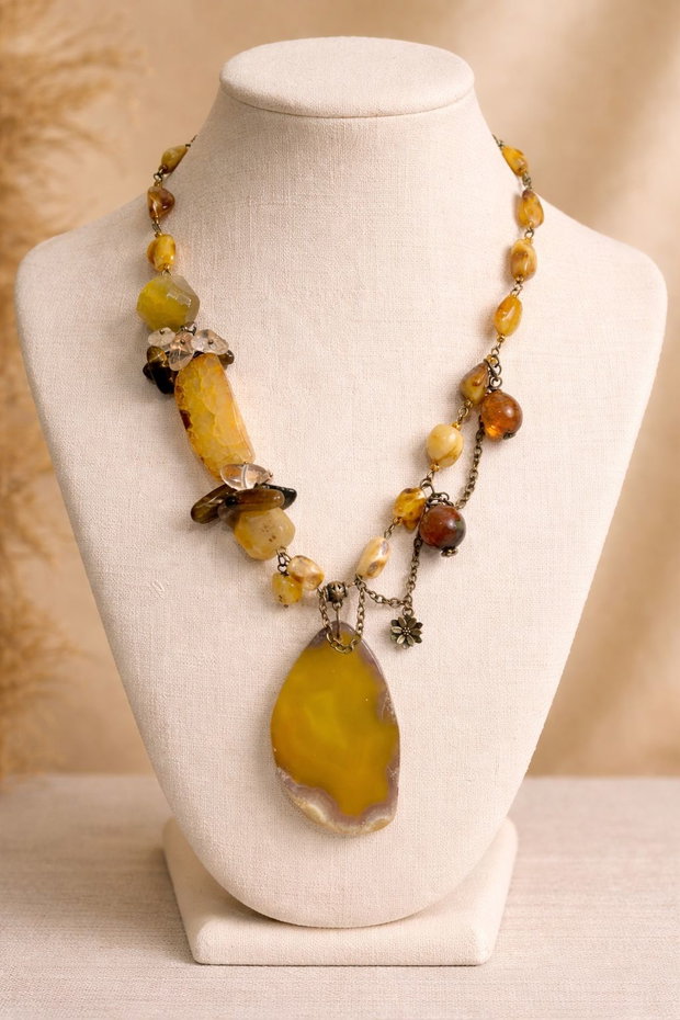 COLIER ~CARAMELIZED AMBER HONEY~ chihlimbar,agate,ochi de tigru,citrin,bronz
