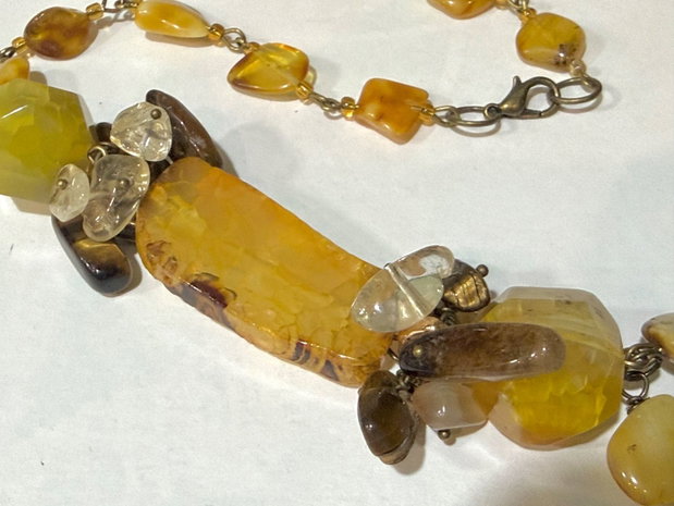 COLIER ~CARAMELIZED AMBER HONEY~ chihlimbar,agate,ochi de tigru,citrin,bronz