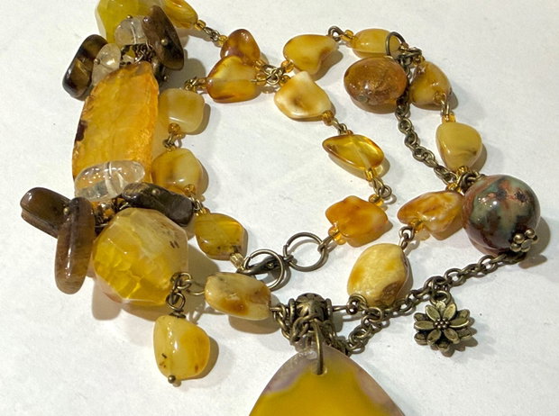 COLIER ~CARAMELIZED AMBER HONEY~ chihlimbar,agate,ochi de tigru,citrin,bronz