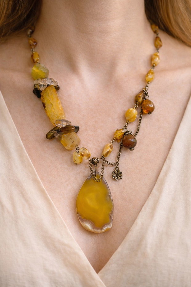 COLIER ~CARAMELIZED AMBER HONEY~ chihlimbar,agate,ochi de tigru,citrin,bronz