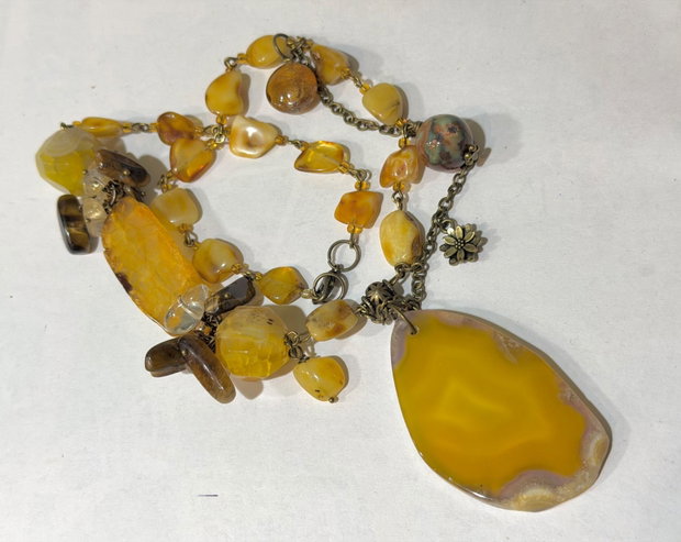 COLIER ~CARAMELIZED AMBER HONEY~ chihlimbar,agate,ochi de tigru,citrin,bronz