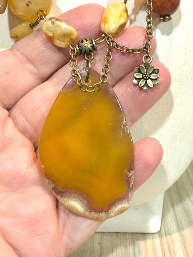 COLIER ~CARAMELIZED AMBER HONEY~ chihlimbar,agate,ochi de tigru,citrin,bronz