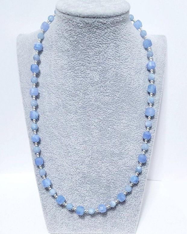 Colier argint 925 cu angelit, jad bleu si hematit