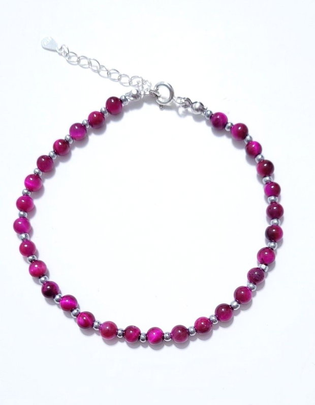 Bratara argint 925 cu ochi de tigru fucsia si hematit