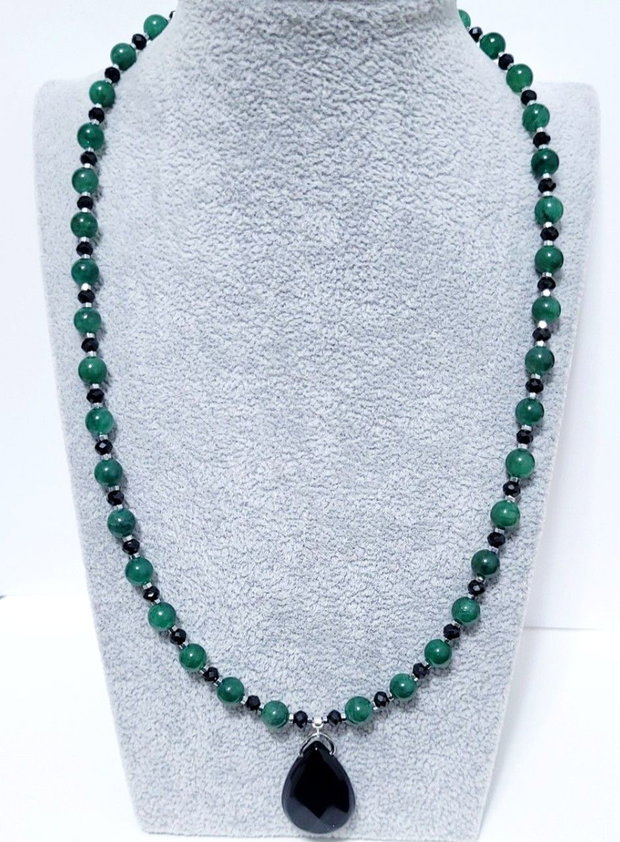 Colier argint 925 cu lepidolit verde, turmalina neagra, onix si hematit