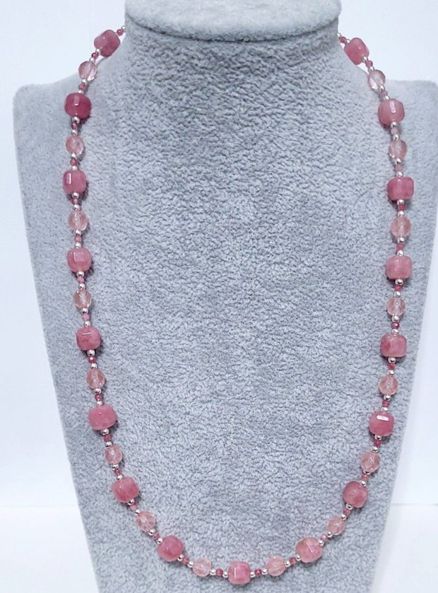 Colier argint 925 cu jad roz, cuart cherry si hematit
