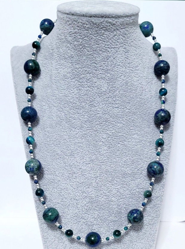 Colier argint 925 cu azurit, ochi de tigru, crisocola, lapis lazuli si hematit