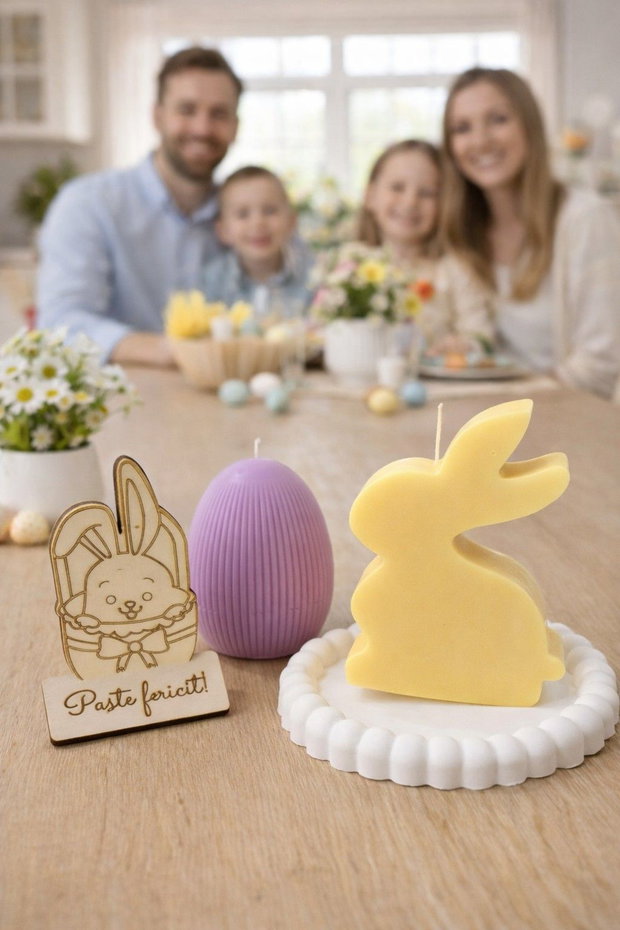 Set cadou de Paște "Iepuraș de Primăvară", lumânări handmade din ceară de soia și tavită ceramică bubble, decor Paște