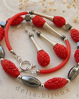 Set bijuterii handmade - hematit si cinabru (cod973)