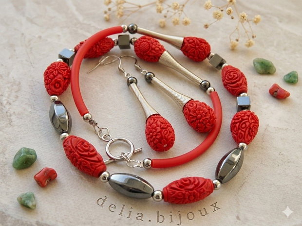 Set bijuterii handmade - hematit si cinabru (cod973)