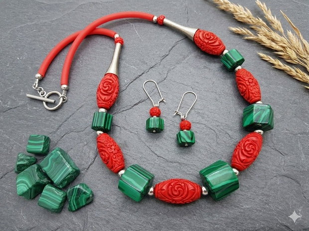 Set bijuterii handmade - malachit si cinabru (cod1215)