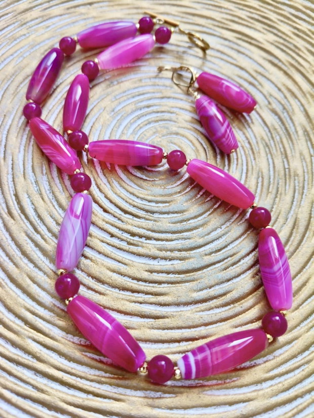 Colier agate dantelă ciclam