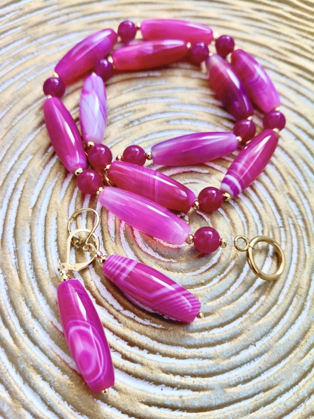 Colier agate dantelă ciclam