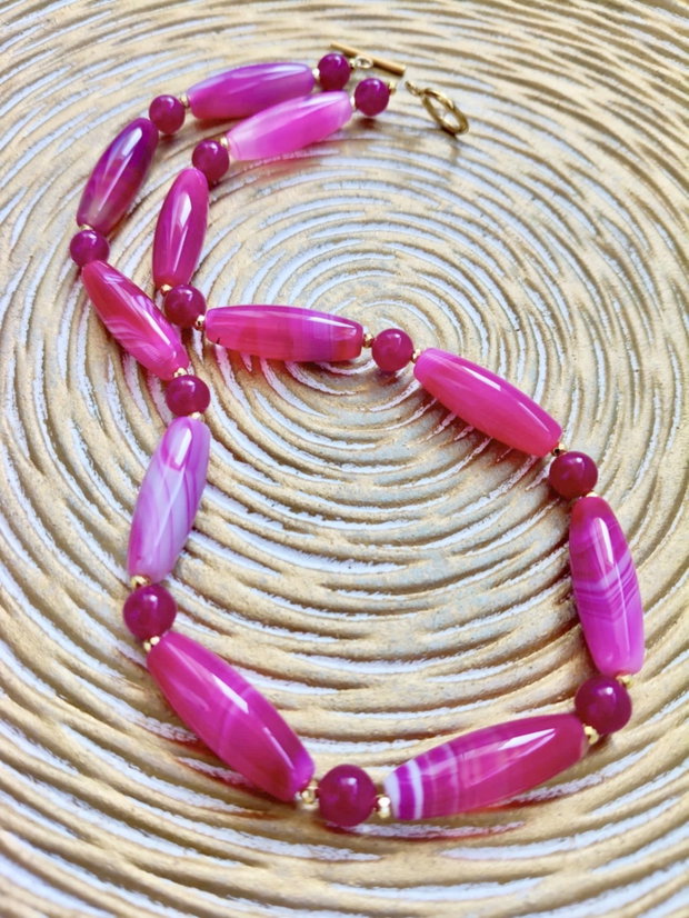 Colier agate dantelă ciclam
