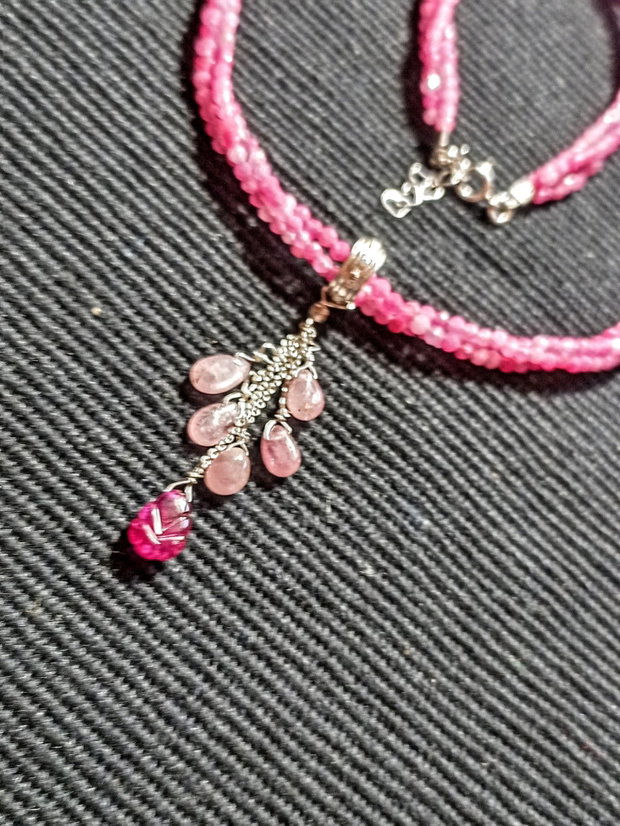 Colier argint X3 turmalina roz safir roz rubin brioleta gravata lant argint minimalist boho chic trendy