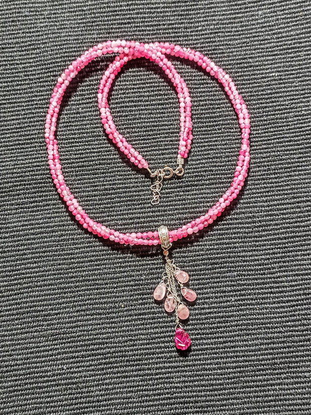 Colier argint X3 turmalina roz safir roz rubin brioleta gravata lant argint minimalist boho chic trendy