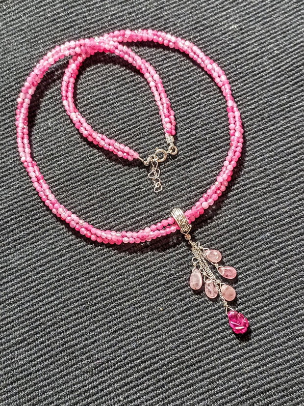 Colier argint X3 turmalina roz safir roz rubin brioleta gravata lant argint minimalist boho chic trendy