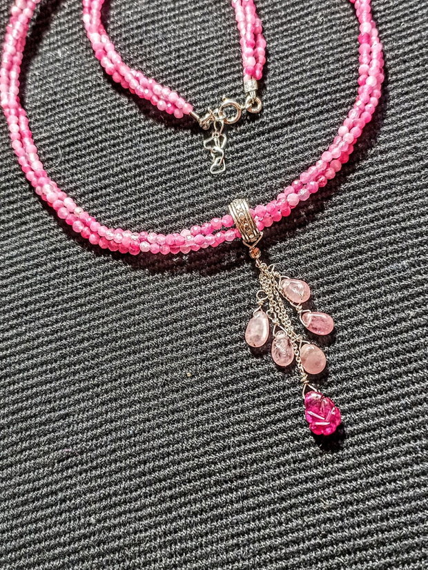 Colier argint X3 turmalina roz safir roz rubin brioleta gravata lant argint minimalist boho chic trendy