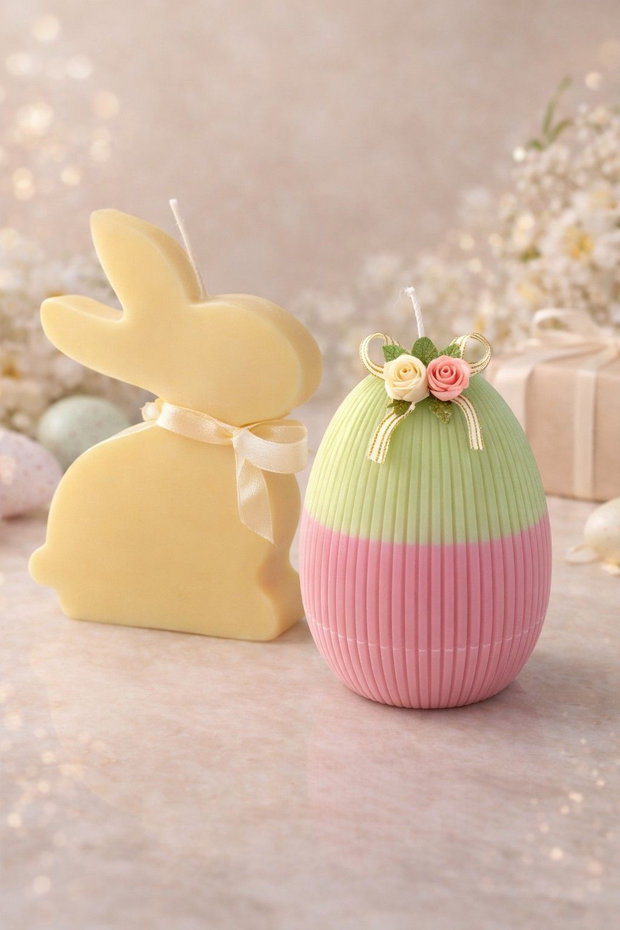 Set Cadou Paște Lumânări Decorative Iepuraș și Ou Pastel, Handmade